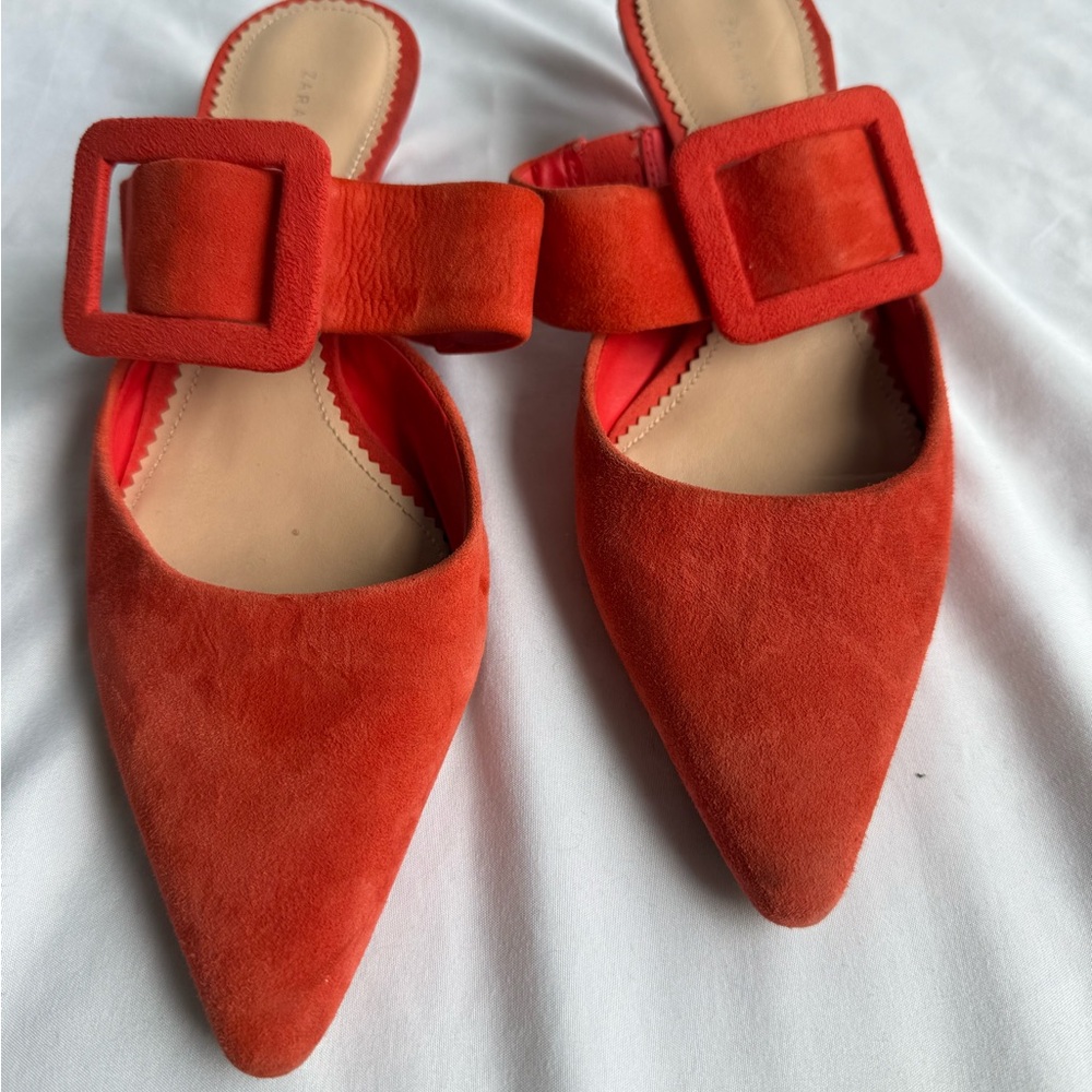 Zara Vibrant Orange Suede Mules Heels